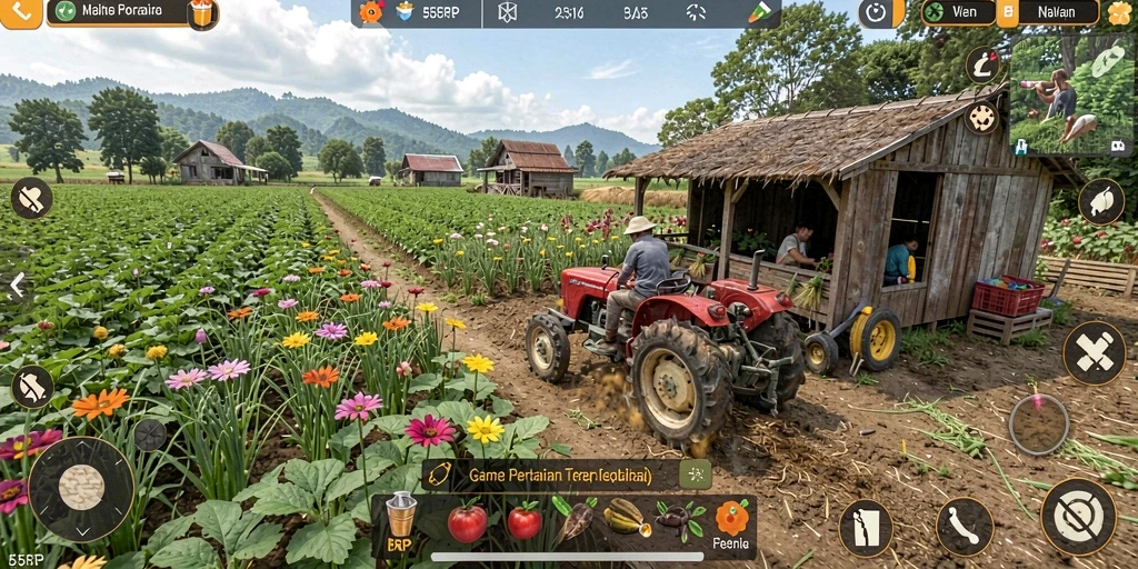 Screenshot gameplay 55RP menunjukkan kegiatan bertani yang seru dan menantang.
