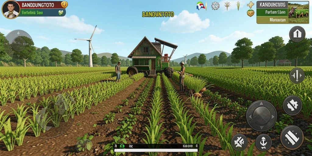 Screenshot gameplay <strong>BANDUNGTOTO</strong> menampilkan ladang hijau dan tanaman subur.