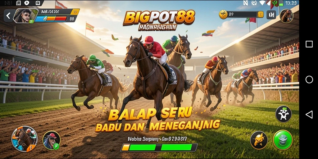 Tampilan gameplay menegangkan dari BIGPOT88 dengan mobil balap yang cepat.