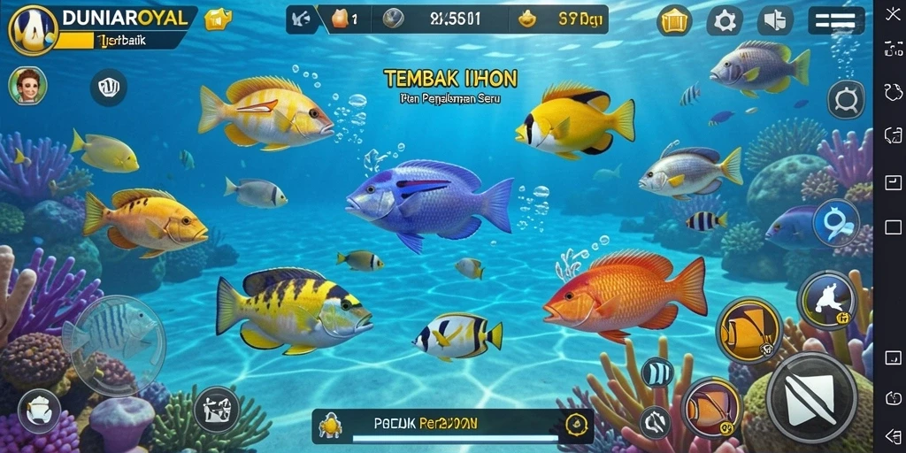 Screenshot gameplay DUNIAROYAL menampilkan momen seru saat menembak ikan.