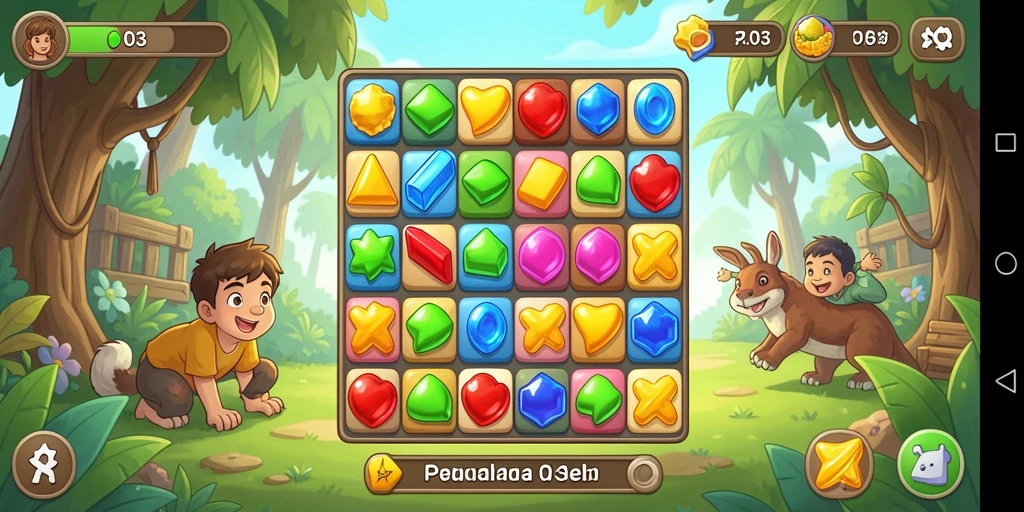 Screenshot H03 menampilkan aksi mencocokkan objek dalam permainan Match-3.