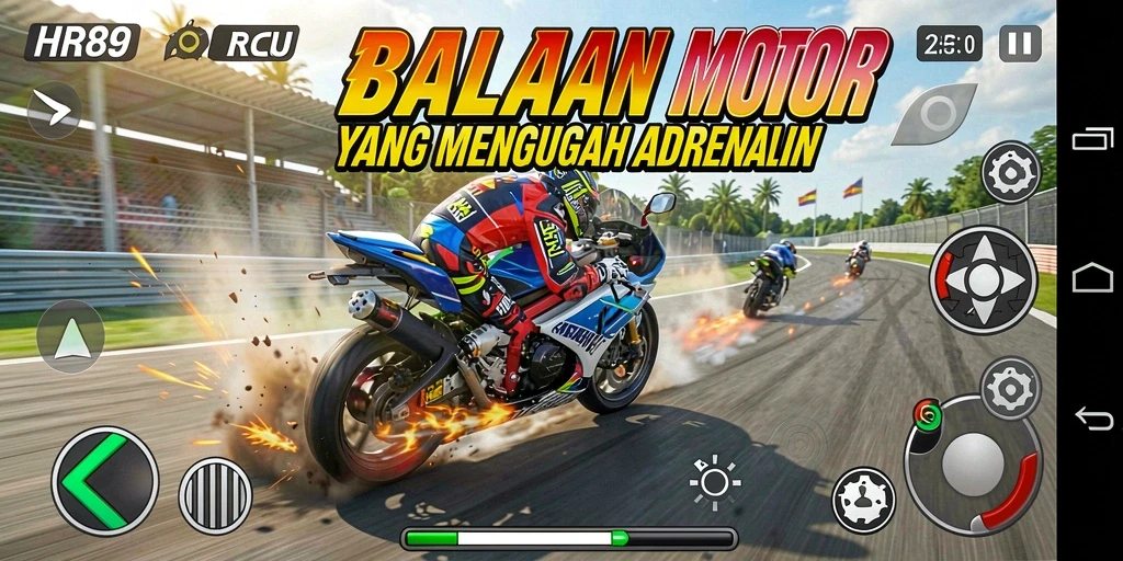 Tampilan gameplay balapan motor yang mendebarkan di HR89.