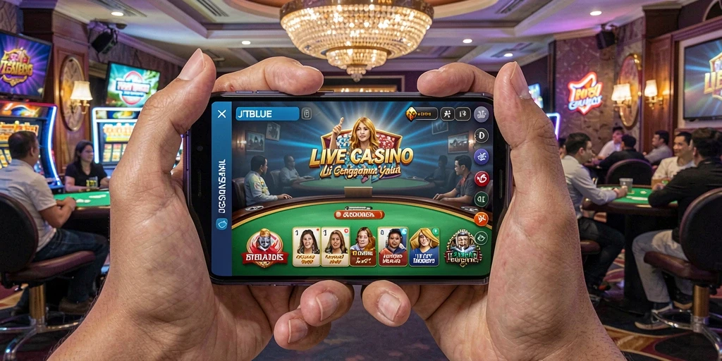 Screenshot utama JTBLUE menampilkan dealer langsung yang berinteraksi dengan pemain.