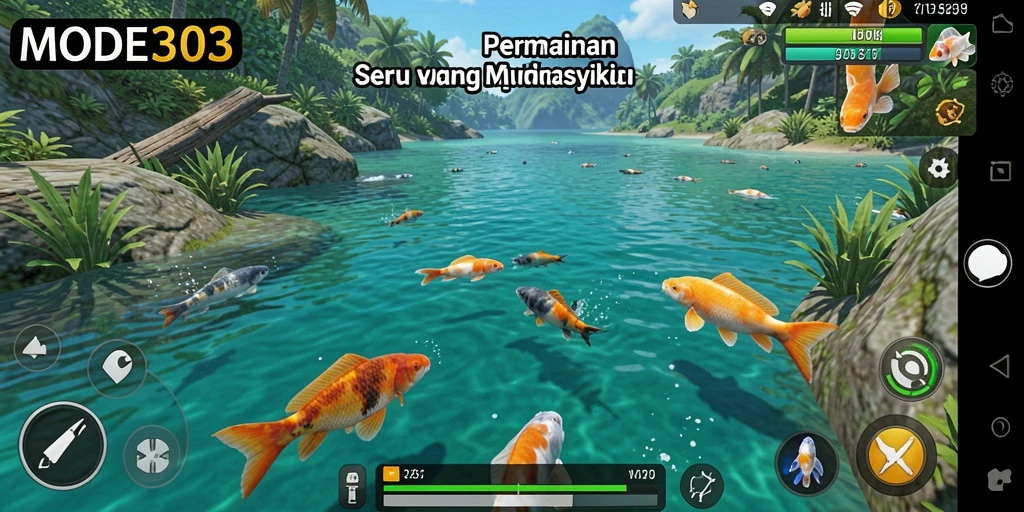 Screenshot dari gameplay MODE303 menunjukkan keseruan memancing yang mendebarkan.