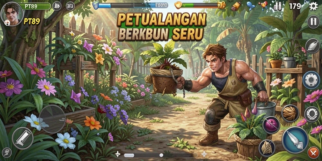 Screenshot PT89 menampilkan momen seru berkebun dengan grafis yang indah.