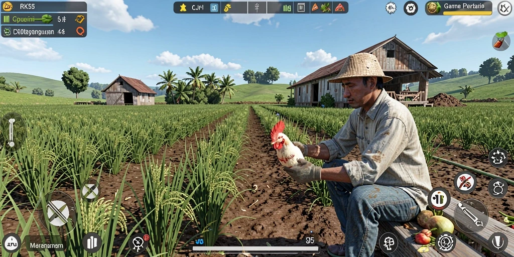 Tampilan screenshot utama RK55 menunjukkan gameplay seru saat bertani.