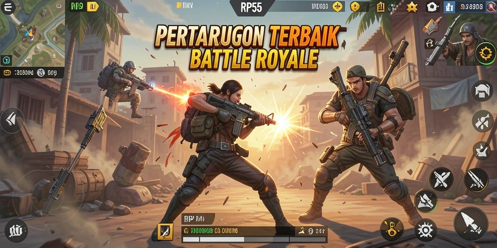 Tangkapan layar dari gameplay intens RP55 dalam arena Battle Royale.