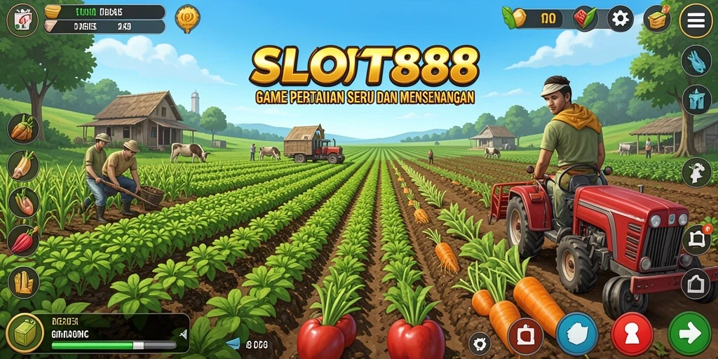 Tampilan gameplay SLOT88 dengan kebun yang subur dan hewan ternak.