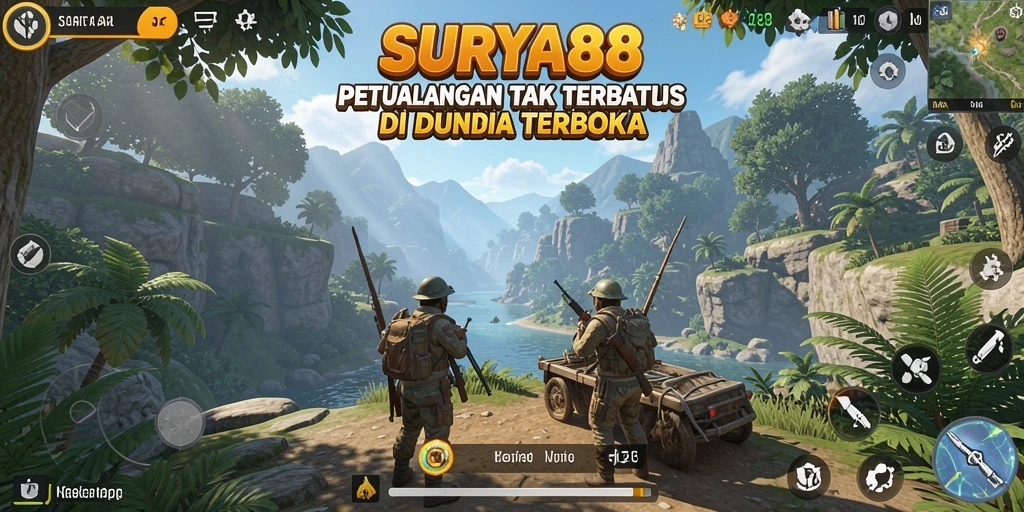 Tangkapan layar gameplay SURYA88 menampilkan dunia terbuka yang luas.